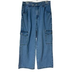 Cider Jeans Wide Leg Cargo Medium Blue High Rise Cropped Women's Size Large